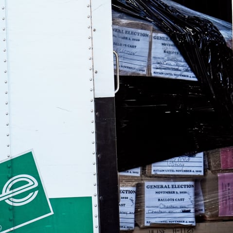 Boxes of General Election 2020 ballots wrapped up in an Enterprise truck.