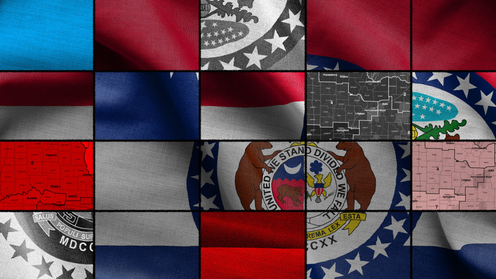 An illustration of the Missouri state flag that's been cut up and rearranged