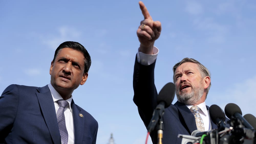 Rep. Thomas Massie and Rep. Ro Khanna during a news conference on the Epstein Files Transparency Act on Nov. 18, 2025 outside the U.S. Capitol.