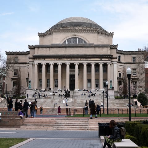 Students are seen on the campus of Columbia University.
