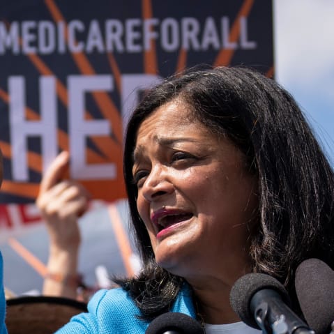 Rep. Pramila Jayapal speaks during a news conference outside the Capitol.
