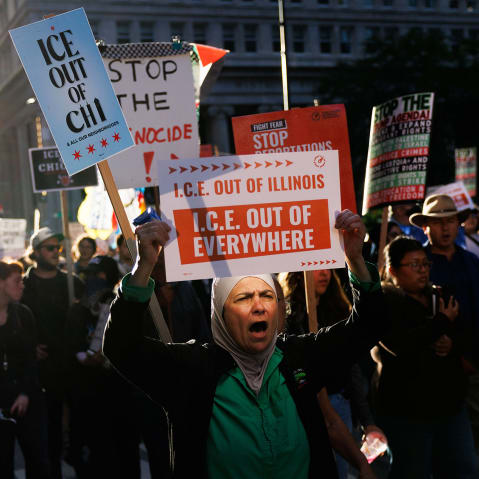 People march in Chicago on Sept. 6, 2025, to protest President Donald Trump's intent to increase immigration enforcement actions in the city and deploy the National Guard.