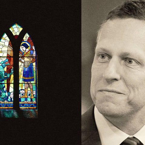 Photoillustration of Peter Thiel looking at a stained-glass window depicting the devil.