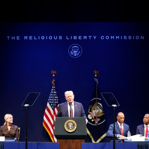 President Donald Trump speaks at a Religious Liberty Commission meeting on Sept. 8, 2025 in Washington, D.C.
