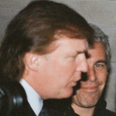 Donald Trump, left, seen in profile, with Jeffrey Epstein partially obscured behind him.