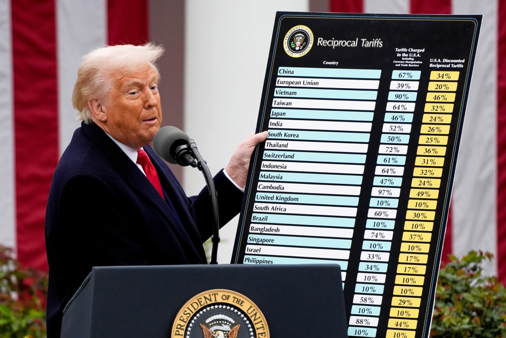 Donald Trump looks toward the audience as he holds a poster.