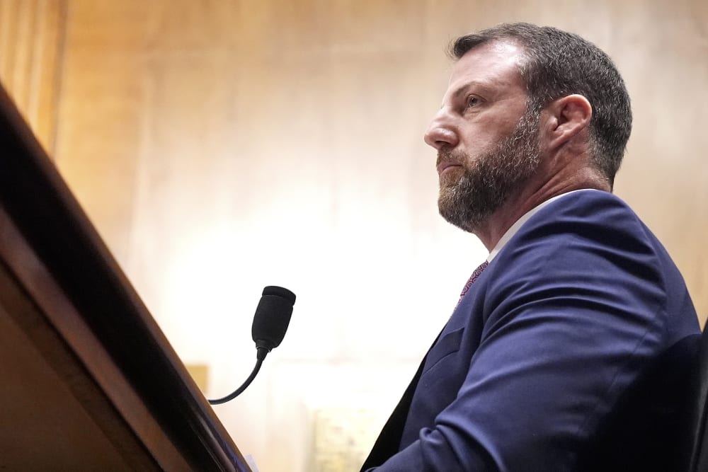 Markwayne Mullin is seen from below during his hearing.
