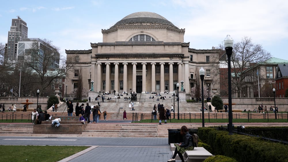 Students are seen on the campus of Columbia University.