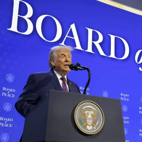 President Donald Trump presents the &ldquo;Board of Peace&rdquo; at the&nbsp;World Economic Forum (WEF) on Jan. 22, 2026 in Davos, Switzerland.