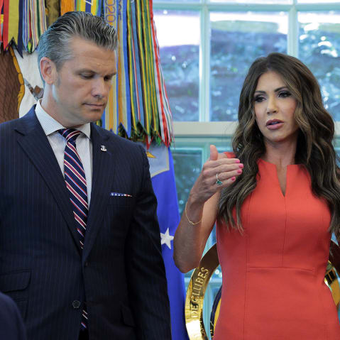U.S. President Donald Trump is joined by Defense Secretary Pete Hegseth, and Homeland Security Secretary Kristi Noem.