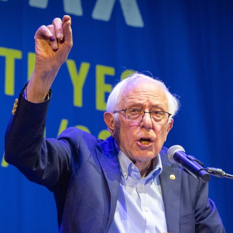 Sen. Bernie Sanders at the Billionaire Tax Now rally on Feb. 18, 2026 in Los Angeles.