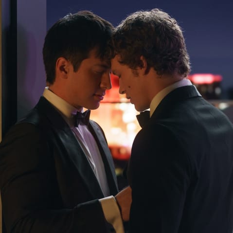 Hudson Williams, left, as Shane Hollander and Connor Storrie as Ilya Rozanov with their foreheads touching