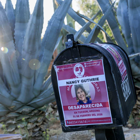 A mailbox with a photo of Nancy Guthrie is seen in front of agave plants.