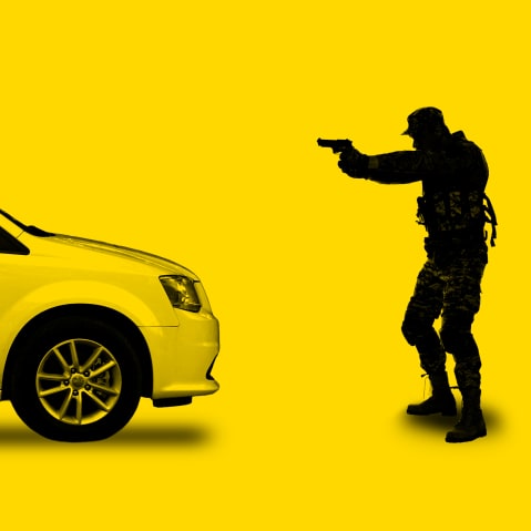 A photo illustration of an ICE agent pointing a gun at a minivan while standing in front of it.