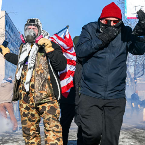 Rachel Maddow; demonstrators during a protest after a shooting on Jan. 24, 2026, in Minneapolis.