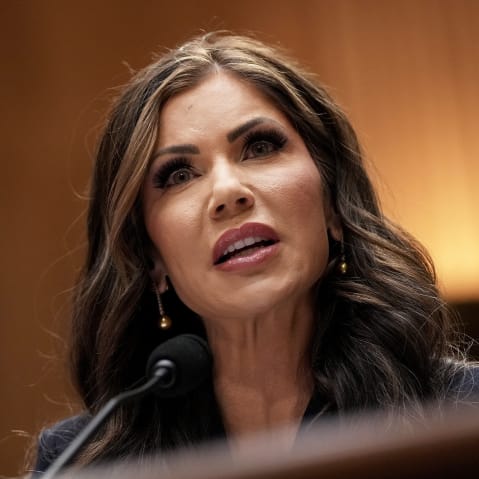 Kristi Noem speaks during her confirmation hearing before the Homeland Security and Governmental Affairs Committee on Jan. 17, 2025 on Capitol Hill.