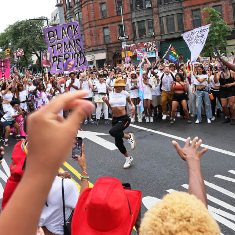 People dance during the Brooklyn Liberation's Protect Trans Youth event in New York City.