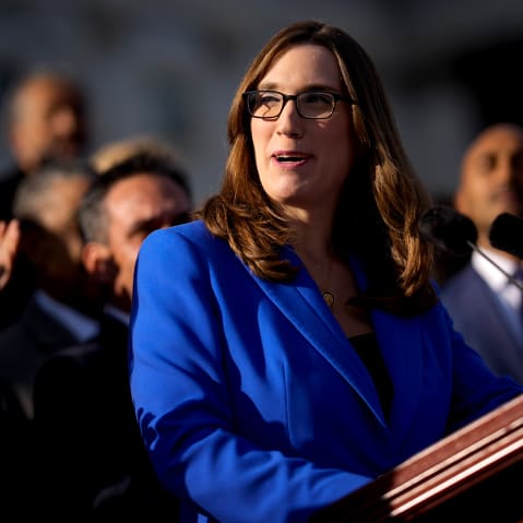 Rep. Sarah McBride joined by fellow House Democrats, speaks on the House steps on Nov. 12, 2025.