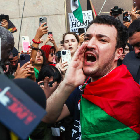 Mahmoud Khalil marches with supporters after he was released from ICE detention during a rally on June 22, 2025 in New York City.