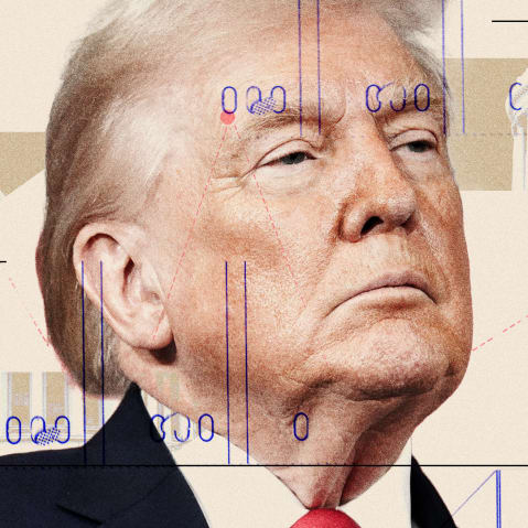 Trump overlaid on a graphic of the Capitol building and ballots.