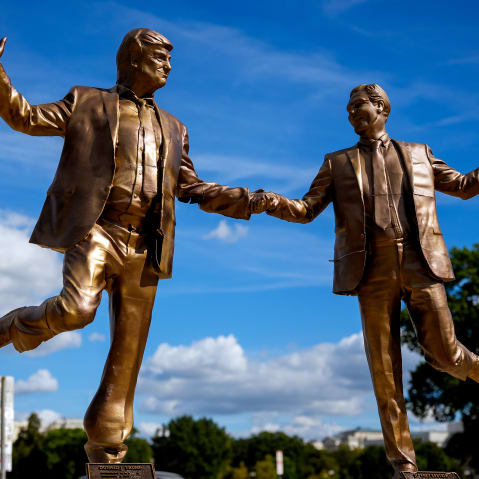 A statue depicting President Donald Trump and Jeffrey Epstein holding hands on the National Mall on Oct. 2, 2025 in Washington, D.C.