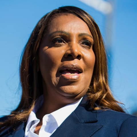 Letitia James speaks at a podium.