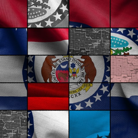 An illustration of the Missouri state flag that's been cut up and rearranged