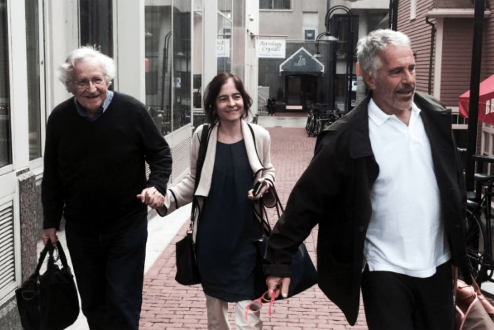 Noam Chomsky (left) with wife Valeria Wasserman and Jeffrey Epstein (right) in an undated photo.