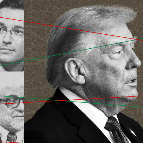 Photoillustration of Donald Trump with Lindsey Graham, Benny Johnson and Mark Levin, overlaid on a map of Iran and connected with lines the colors of Iran's flag.