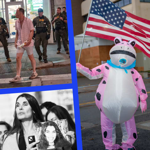 Mahmoud Khalil, Sean Charles Dunn, a demonstrator in a frog suit in Portland, Oregon, an Epstein survivor holds a picture of herself, and Claudia Sheinbaum