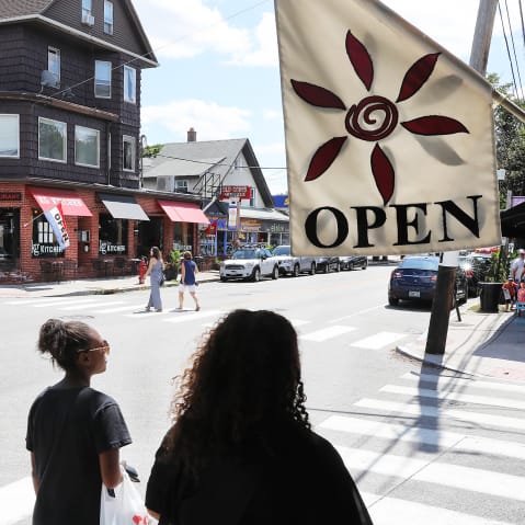 A business district on Hope Street in Providence, RI.