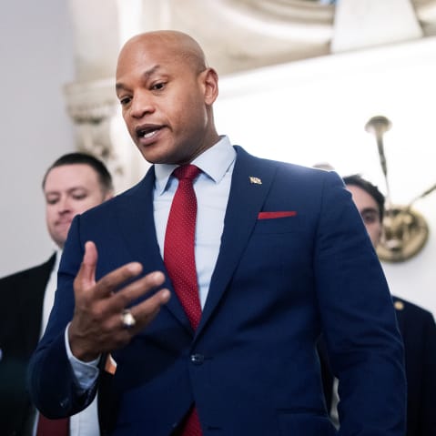 In this photo shot from below, Wes Moore talking to reporters.