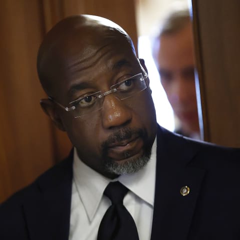U.S. Sen. Raphael Warnock leaves a Senate Democratic meeting on Oct. 3, 2025 at the U.S. Capitol Building.
