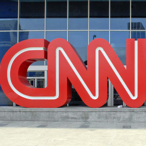 A CNN logo stands outside the CNN Center on.