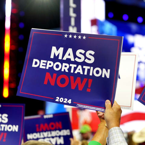cDelegates hold "Mass Deportations Now" campaign signs during the Republican National Convention (RNC).