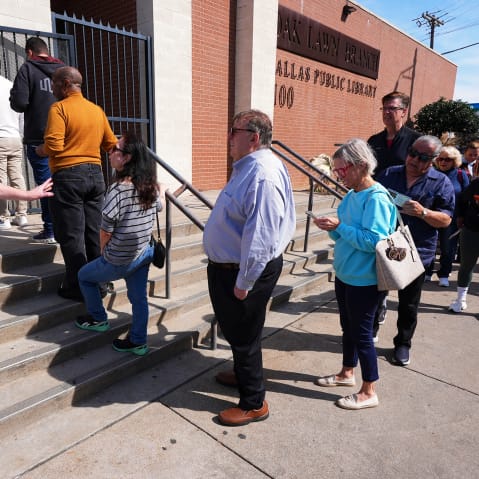 Voters stand in line to vote early for the primary election on Feb. 17, 2026 in Dallas.