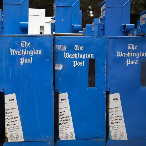 Unused Washington Post newspaper boxes sit near the Washington Post newspaper production facility in Springfield, VA.