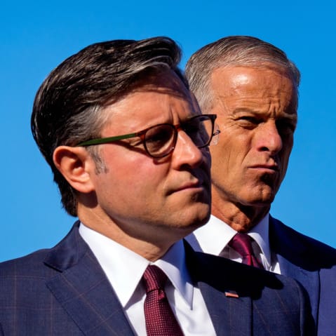 Speaker of the House Mike Johnson and Senate Majority Leader John Thune at a news conference on Oct. 1, 2025, on the Upper West Terrace of the U.S. Capitol Building.