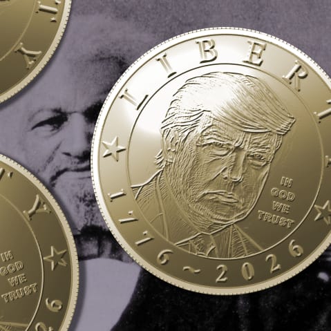 One Dollar coins featuring Trump's likeness overlaying a picture of Frederick Douglass
