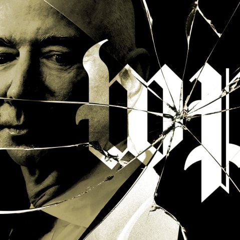 a photo illustration of Jeff Bezos and the Washington Post logo reflected in cracked glass