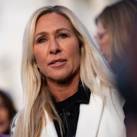 Rep. Marjorie Taylor Greene, pictured, R-Ga, Rep. Ro Khanna, D-Calif., and Rep. Thomas Massie, R-Ky held a press conference outside the U.S. Capitol on Nov. 18, 2025.