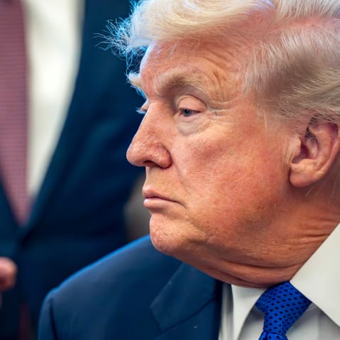 Donald Trump's profile is seen in a very right portrait shot.