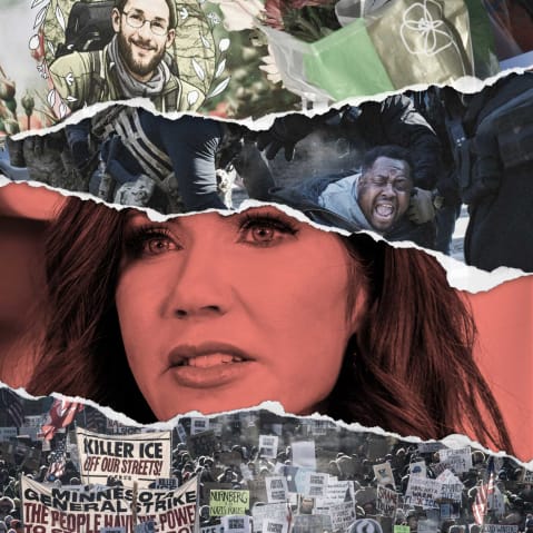 A photo collage of Krisi Noem overlayed with a memorial for Renee Good and Alex Pretti, and protests in Minneapolis
