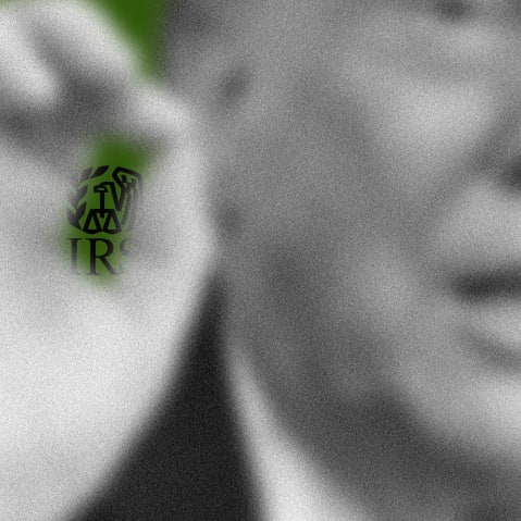 A photo illustration showing the IRS logo behind Trump's pinched fingers