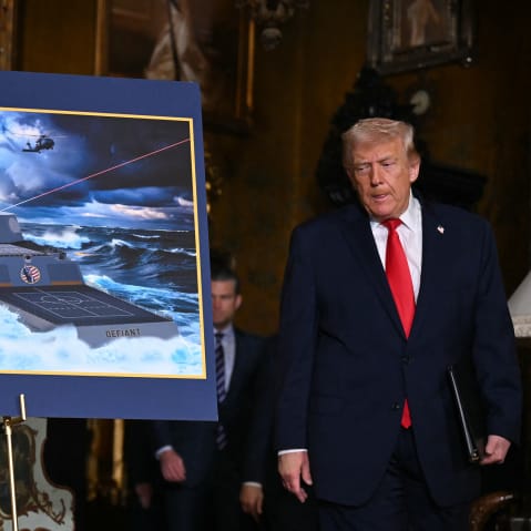 U.S. President Donald Trump arrives to announce the Navy’s new “Golden Fleet” initiative, unveiling a new class of warships, at Mar-a-Lago in Palm Beach, Fla., on Dec. 22, 2025.