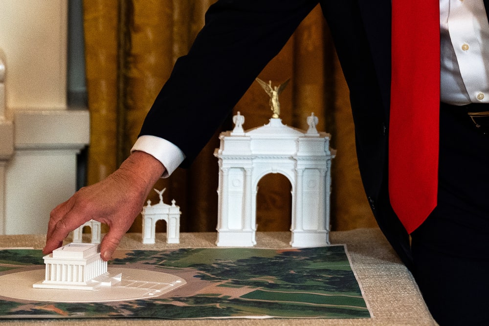 A model of an arch while US President Donald Trump delivers remarks during a ballroom fundraising dinner in the East Room of the White House.
