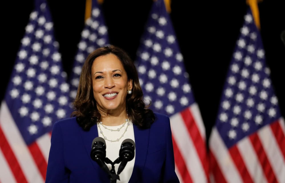 Image: Democratic vice presidential candidate Senator Kamala Harris speaks at a campaign event in Wilmington, Delaware