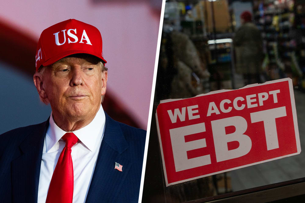 Donald Trump; a sign accepting EBT cards for SNAP purchases.