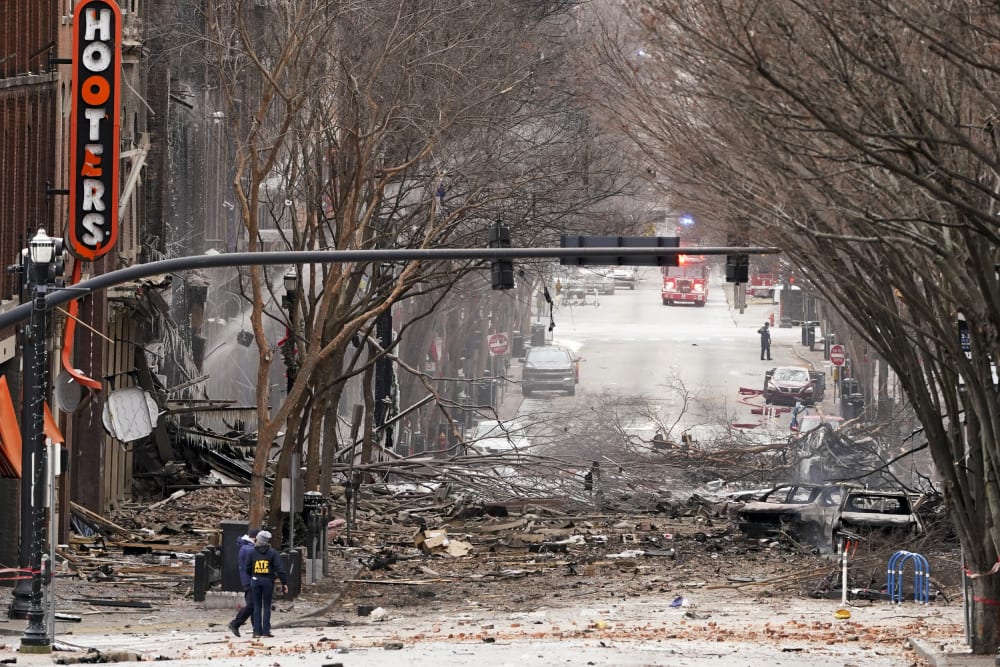 Image: Emergency personnel work near the scene of an explosion in downtown Nashville, Tenn., on Dec. 25, 2020.