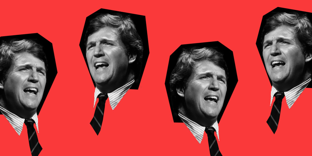 Photo illustration of repeated images of Tucker Carlson speaking.